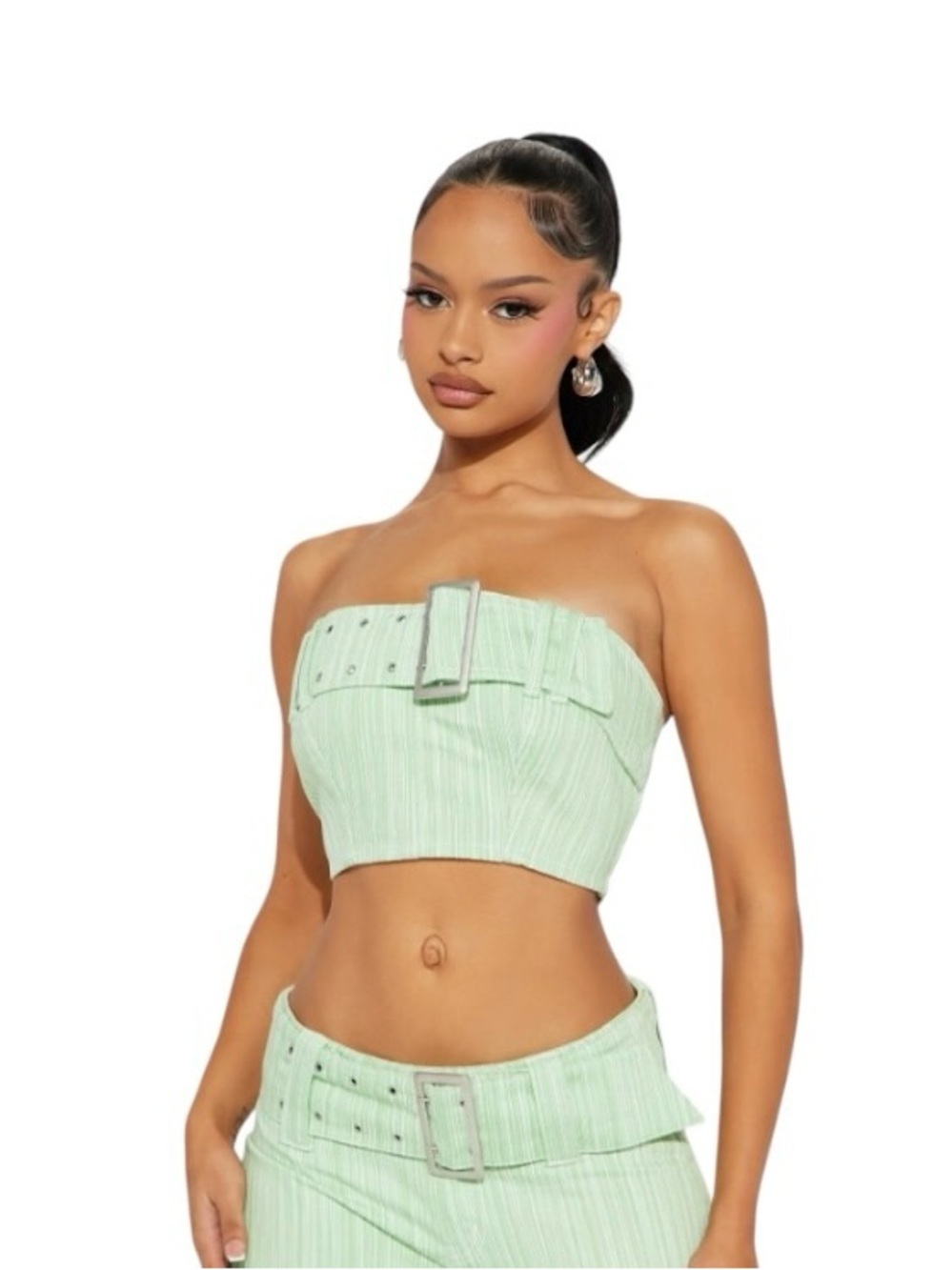Fashion Nova Mint Green Striped Strapless Buckle Crop Top sz XXL